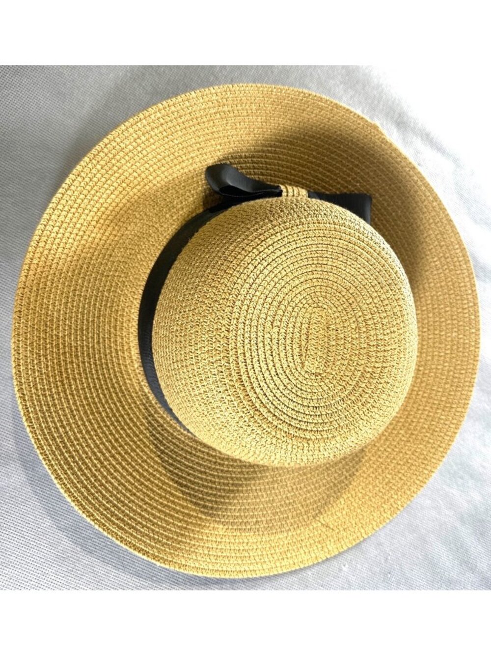 Wide-Brim Straw Hat With Black Ribbon Bow Accent Lightweight & Breathable 62% Pa